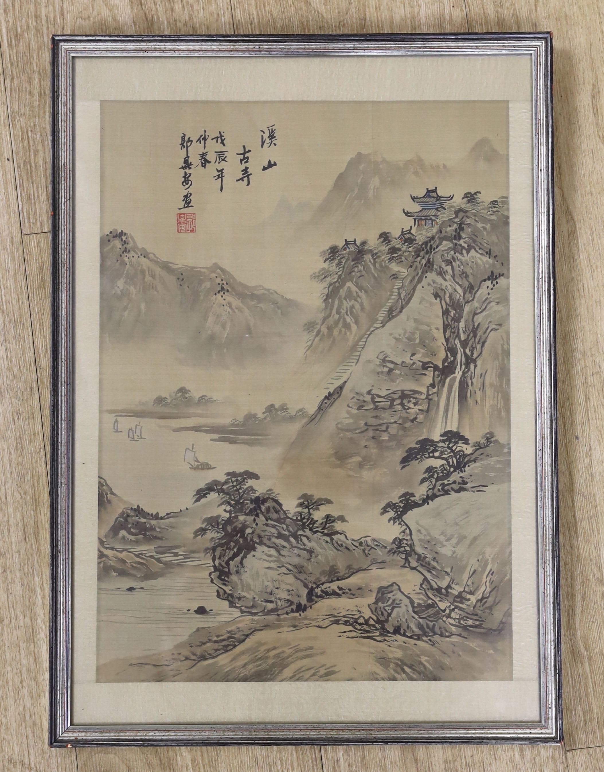 Chinese School, ink and watercolour on silk, River landscape, 43 x 31cm